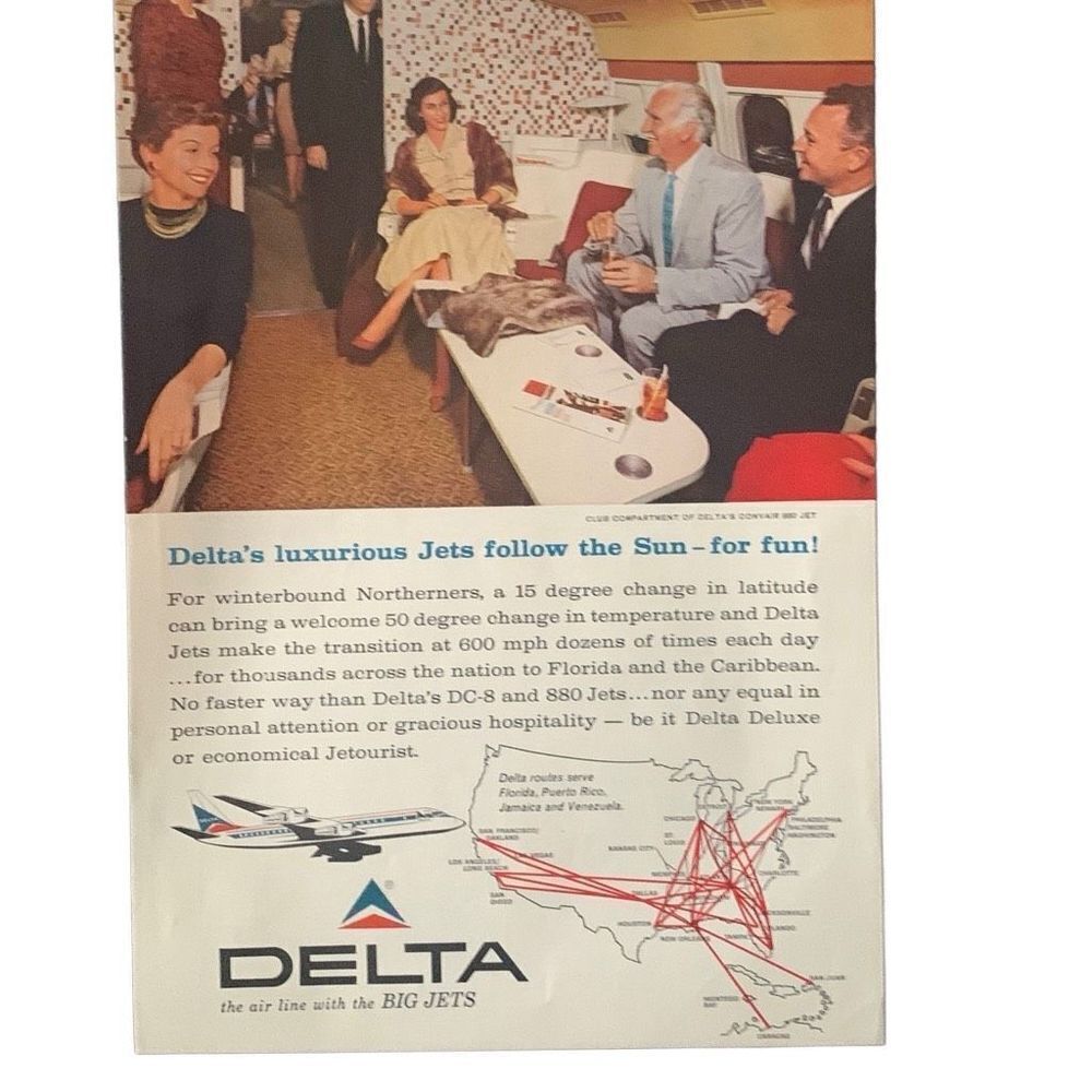 Vintage 1963 Delta Luxurious Jets Follow the Sun Ad Advertisment